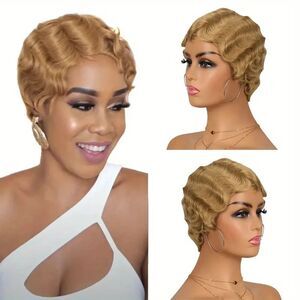 130% Density Remy Human Hair Wigs Dark Blonde Finger Wave Pixie Cut Short Curly